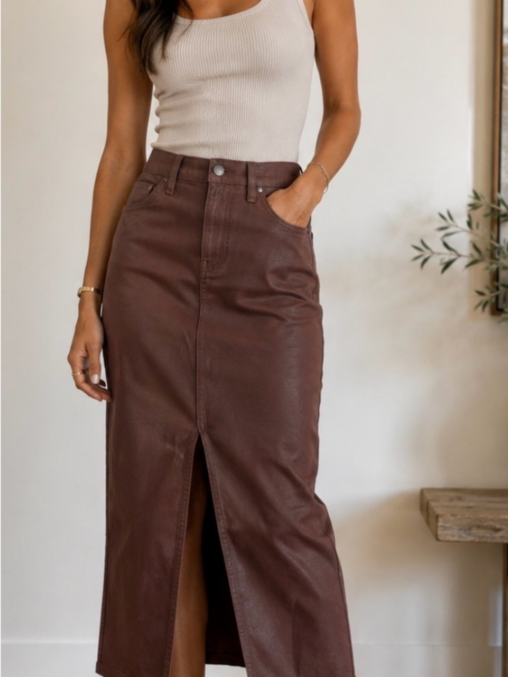 High-Rise Brown Leather like  Midi Skirt with Front Slit Hudson jeans 25 waist